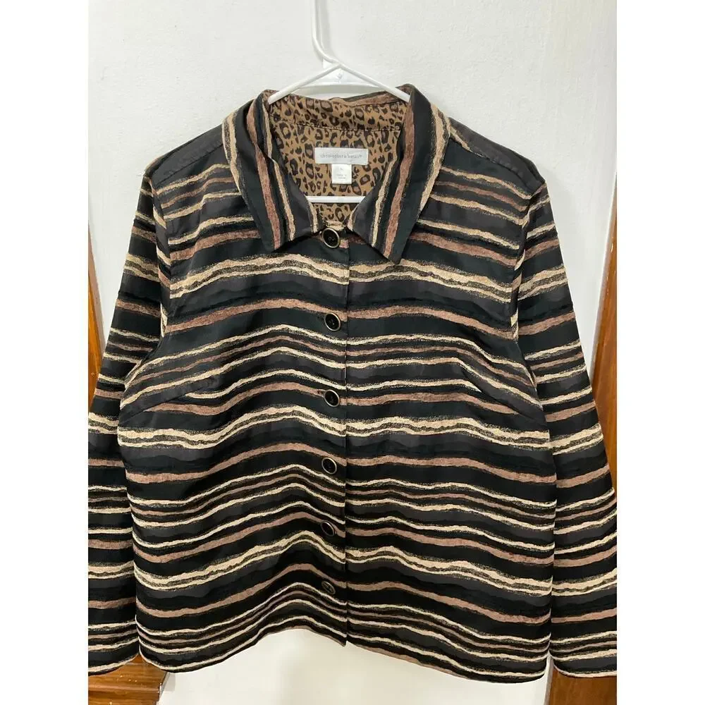 Christopher & Banks Striped Blazer Jacket Brown Black Sz X-Large Tribal Textured